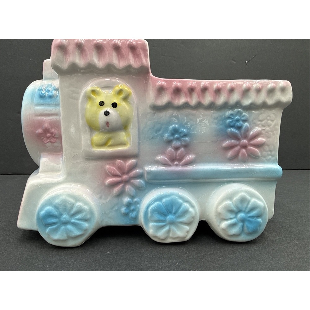 Vtg Ceramic Planter Teddy Bear Train Pastel Nursery Baby Gift‎ Ware Nancy Pew